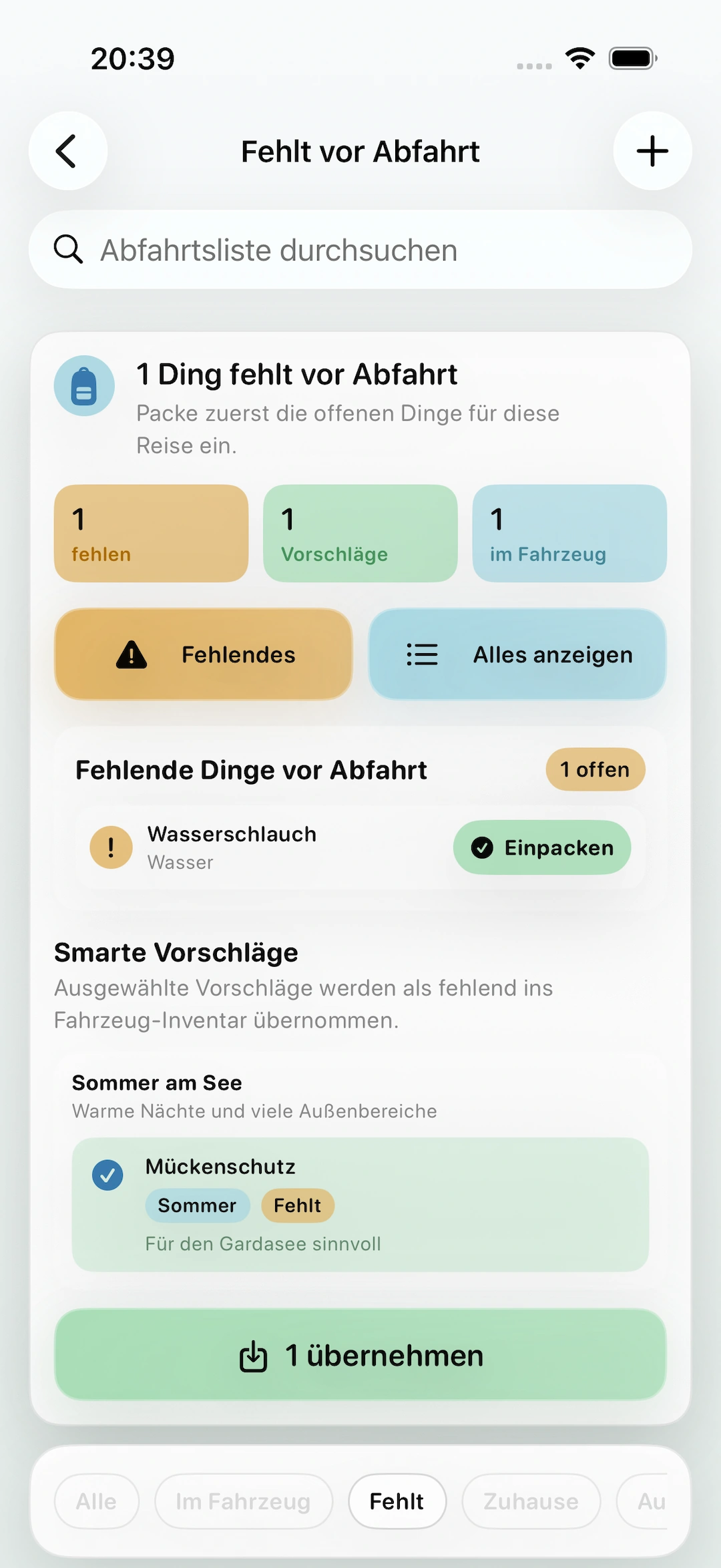 Caravanios Inventaransicht mit fehlendem Wasserschlauch, einem Vorschlag für Mückenschutz und Hinweisen zu fehlenden Dingen.