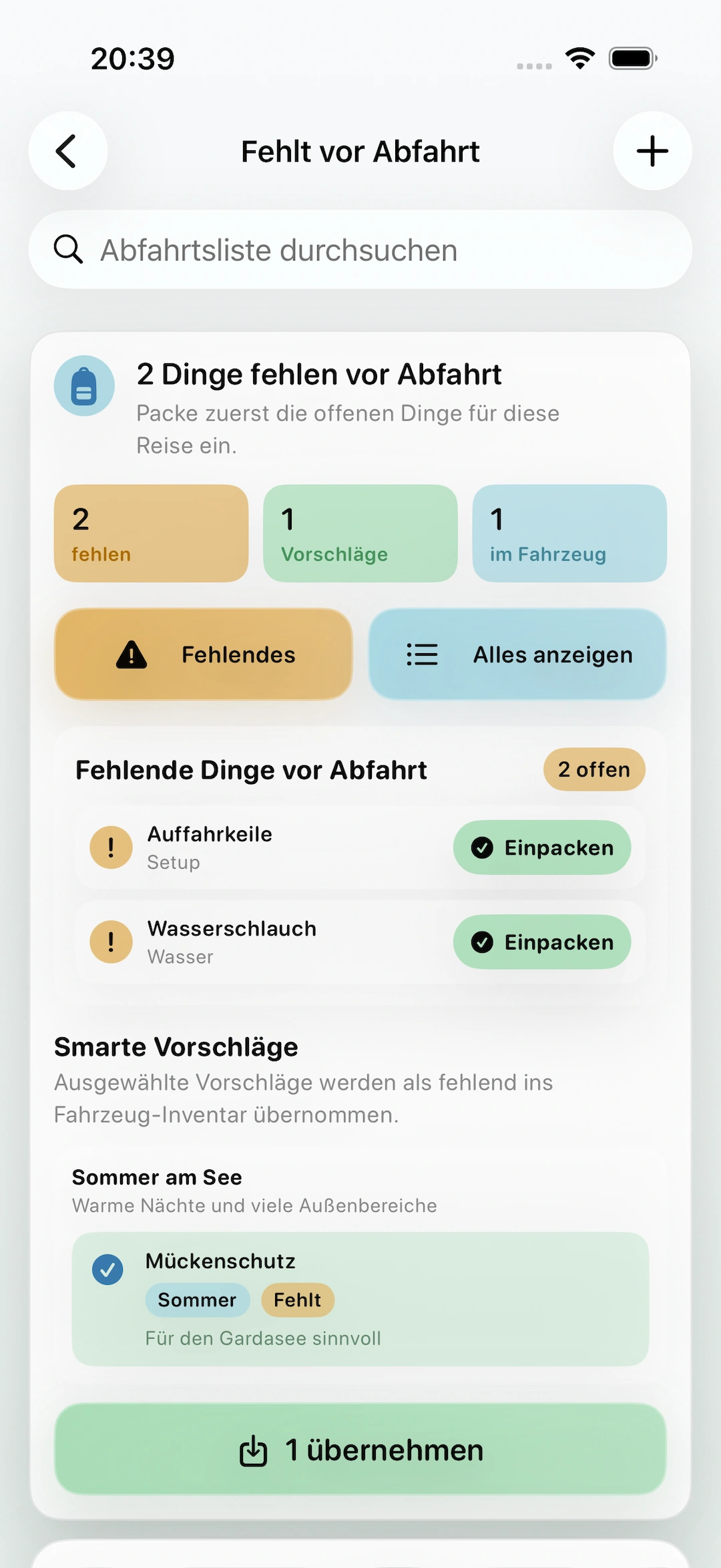 Caravanios Inventaransicht mit Auffahrkeilen, Wasserschlauch, fehlenden Dingen und Vorschlag für Mückenschutz vor der Abfahrt.