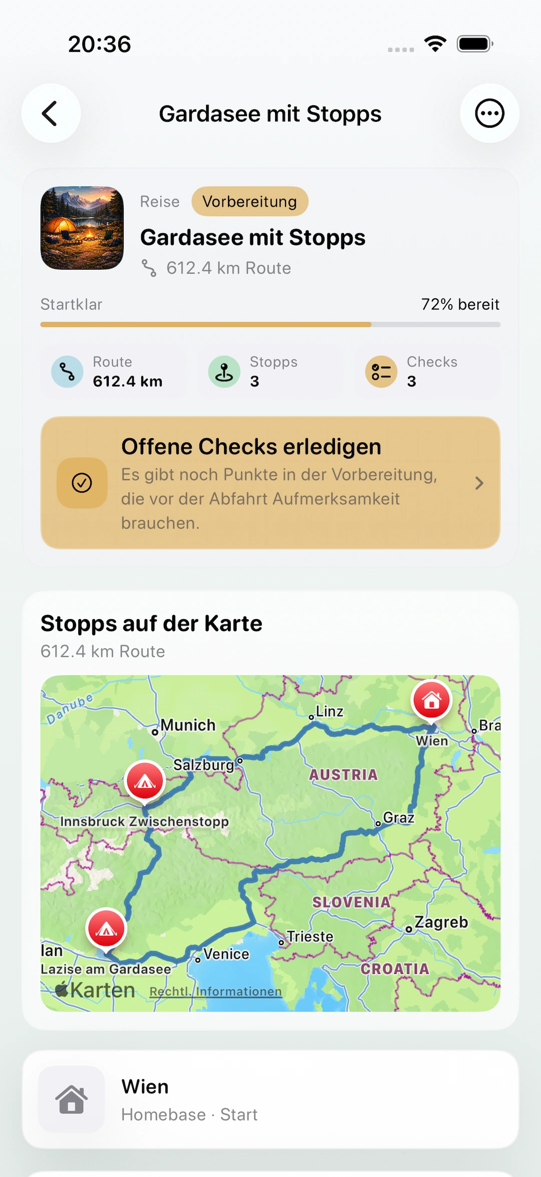 Caravanios Reiseansicht Gardasee mit Stopps, Routenkarte, Startklar-Stand und offenen Checks als gespeicherter Reisestand.