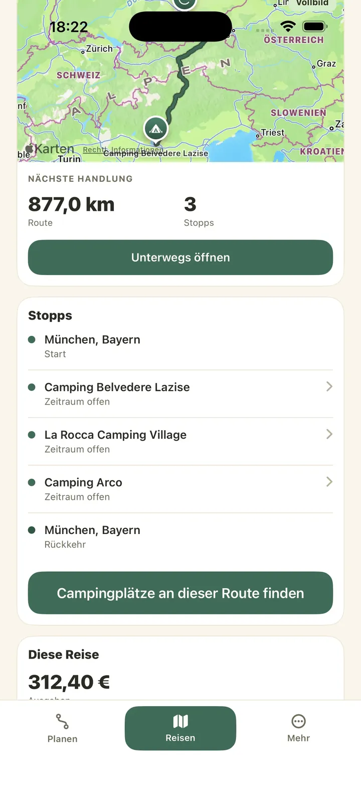 Caravanios zeigt eine Campingreise mit Karte, Streckenlänge, Stoppliste und den Ausgaben dieser Reise.