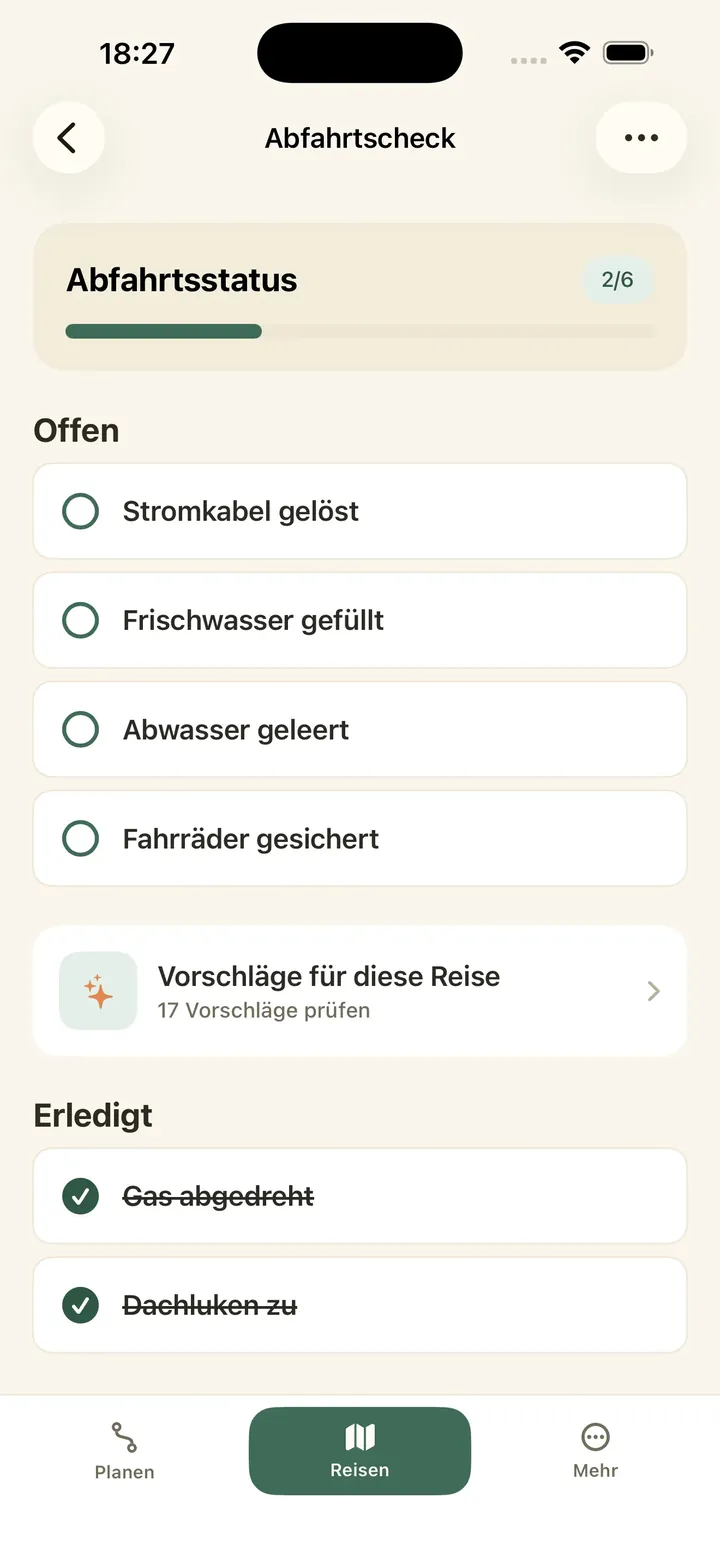 Caravanios zeigt den Abfahrtscheck mit Fortschritt, offenen Punkten und bereits erledigten Aufgaben.