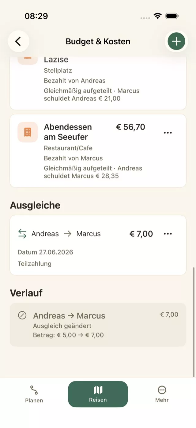 Caravanios zeigt einen dokumentierten Ausgleich von Andreas an Marcus mit Datum und Notiz, darunter den Verlauf der Änderung und darüber die weiterhin offenen Beträge.