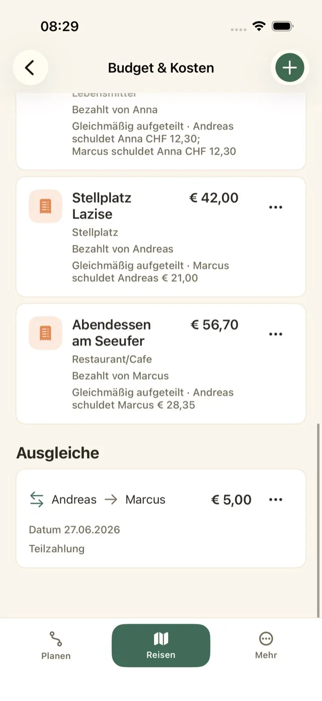 Caravanios zeigt Ausgaben einer Reise mit Zahler und Aufteilung, getrennt in CHF und EUR, darunter die dokumentierten Ausgleiche.