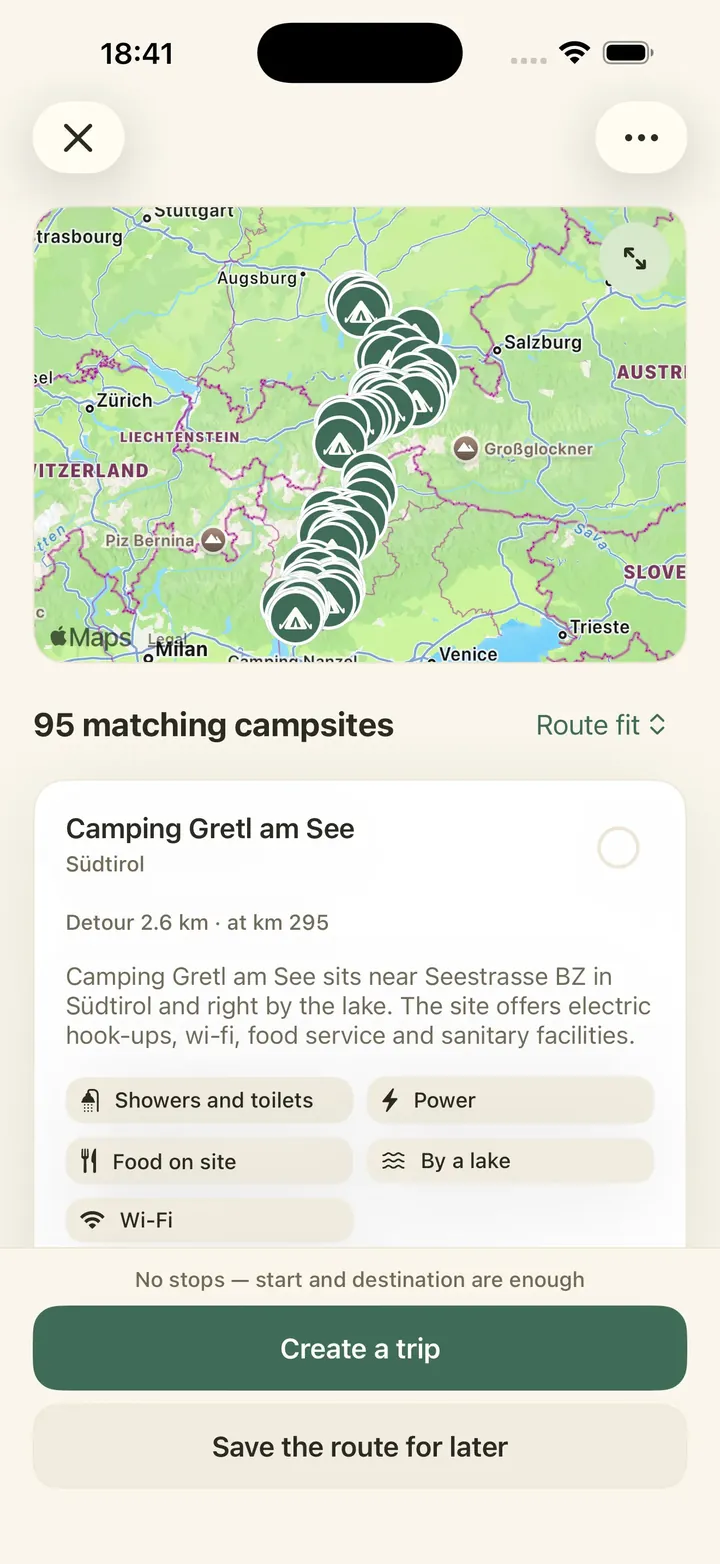 Caravanios lists campsites along a route with the detour, the point on the journey, a short description and recorded facilities.