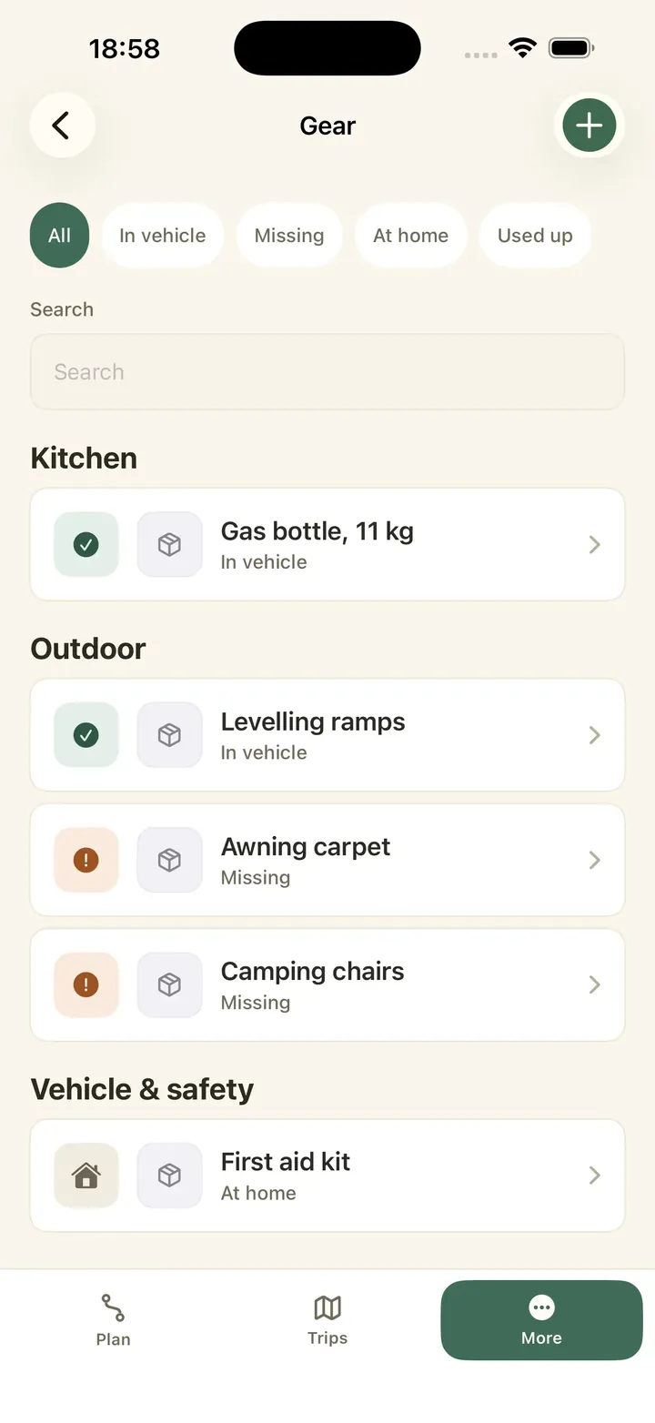 Caravanios lists the gear of a camping vehicle by area, with each item marked as stowed, missing or left at home.