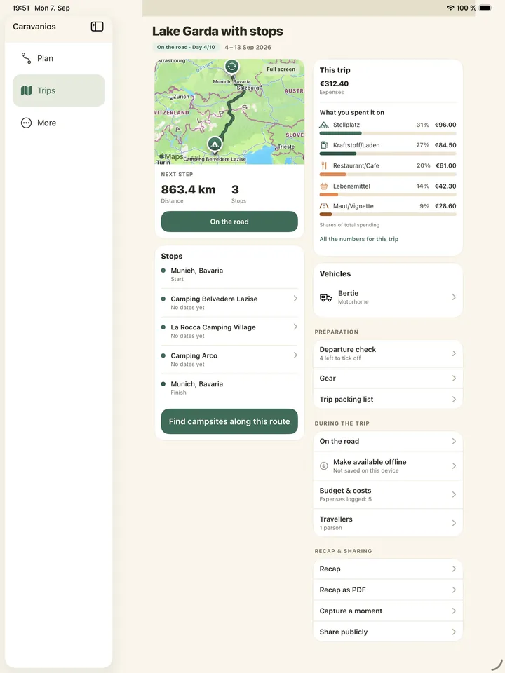Caravanios on a tablet: the map, route length and list of stops on the left, and the spending, vehicle, preparation and recap of the same camping trip on the right.