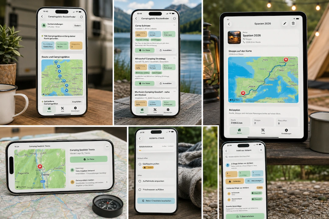 Caravanios zeigt Route, Campingplätze, Reiseplanung, Abfahrts-Check und Inventar in mehreren App-Ansichten.