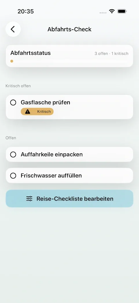 Caravanios zeigt Abfahrts-Checks, Fahrzeugzubehör und offene Aufgaben für eine Campingreise.