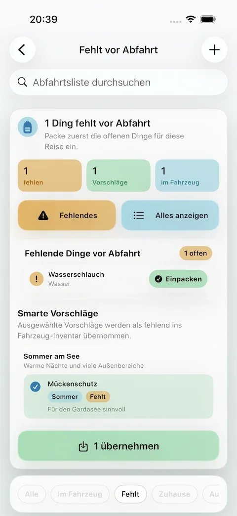 Caravanios zeigt den Status von Camping-Ausrüstung und macht sichtbar, was im Fahrzeug ist, zuhause liegt oder fehlt.