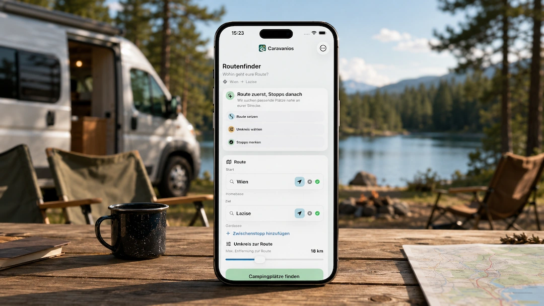 Caravanios Suche mit Start, Ziel, Umkreis entlang der Route und Aktion zum Finden passender Campingplätze.