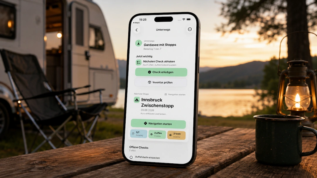 Caravanios Reisemodus mit nächstem Stopp, offenem Check und Inventarhinweis am Fahrtag.