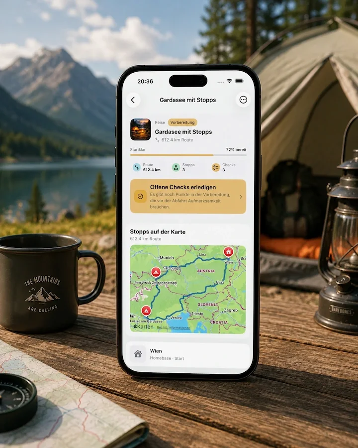Caravanios zeigt eine Reise mit Route, Stopps, Karte und Vorbereitung in der neugestalteten App.
